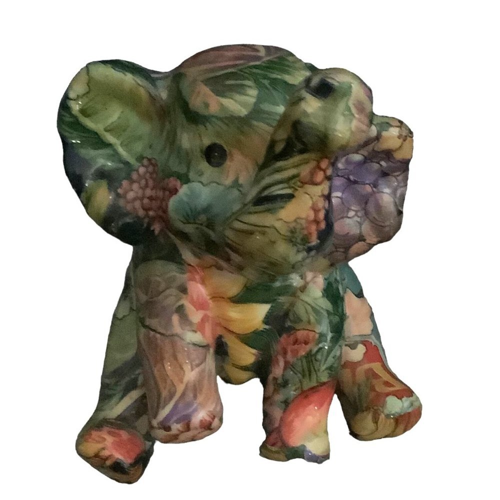Vtg Elephant Porcelain Patchworks Joan Baker Designs Fruit Floral Figure 7"x4.5"